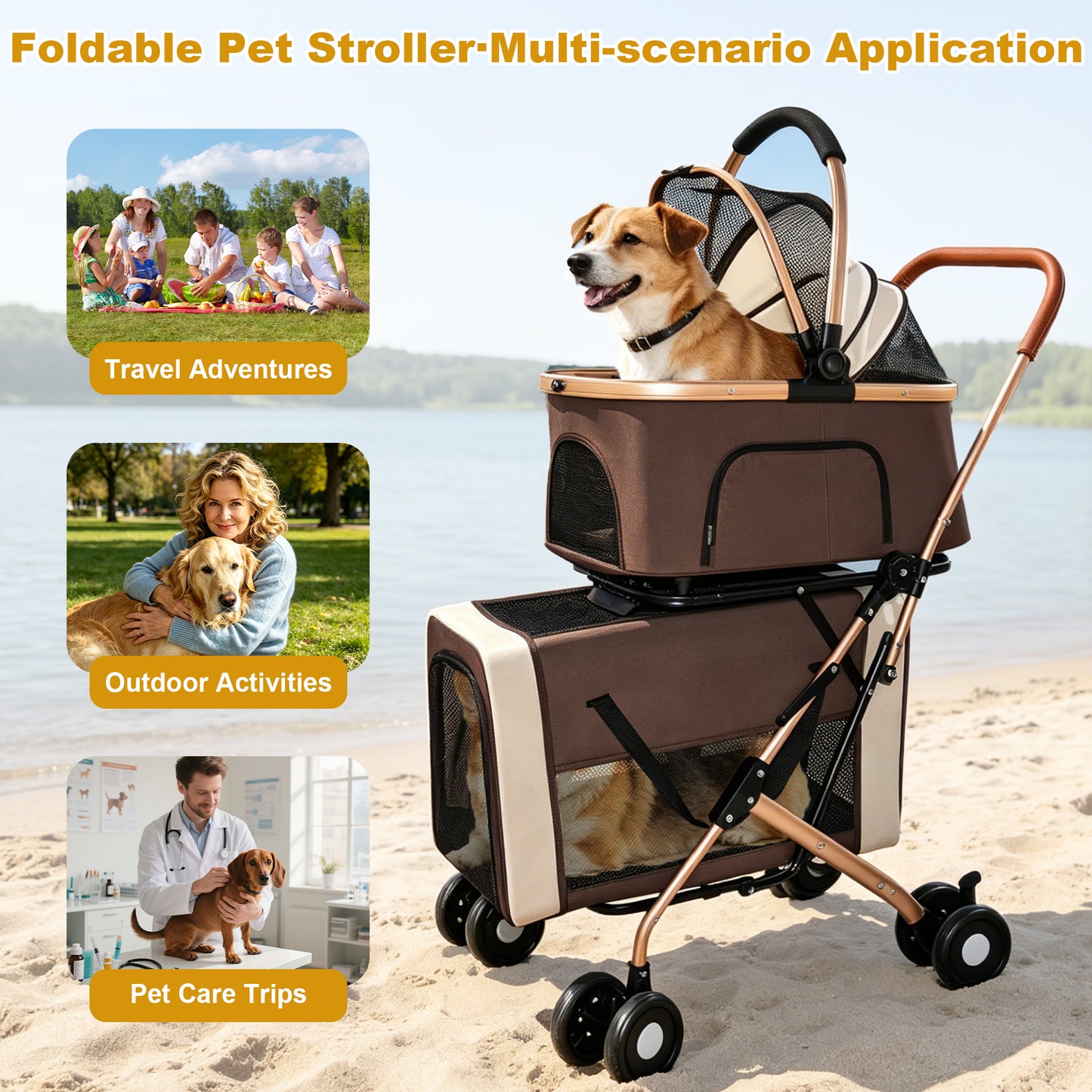 Double Pet Stroller for Dogs and Cats - Foldable, 3-in-1 Carrier with Shockproof Wheels