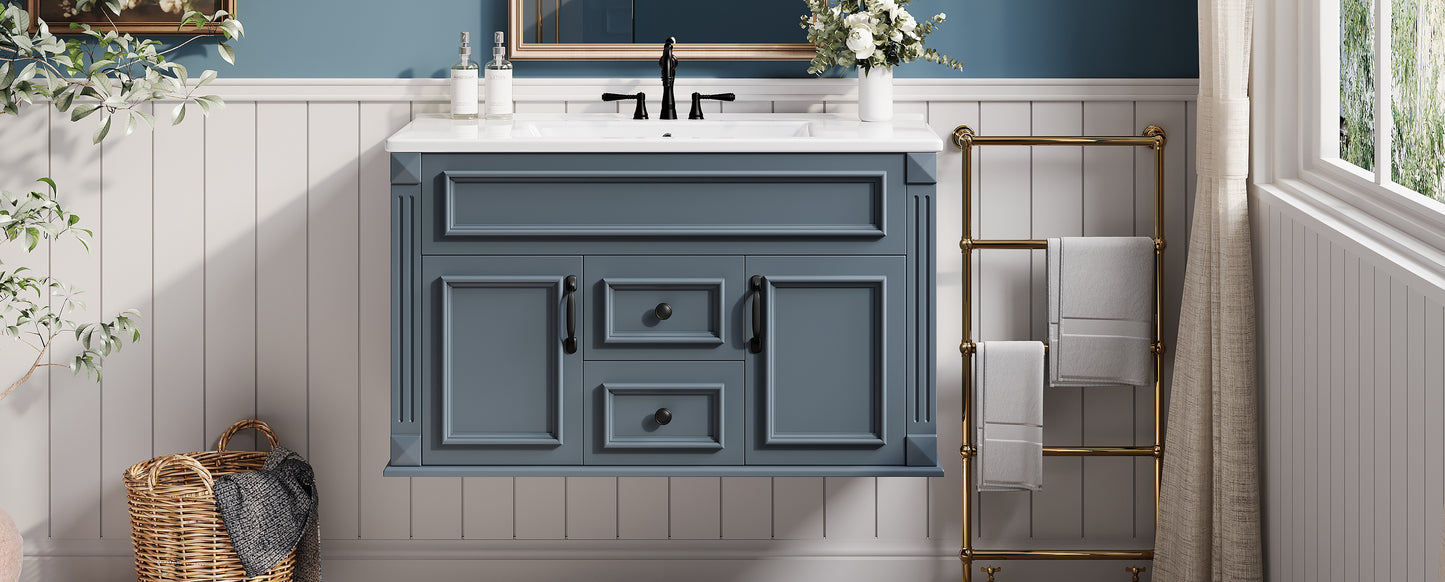 36-Inch Wall Mounted Bathroom Vanity with Ceramic Sink - Blue