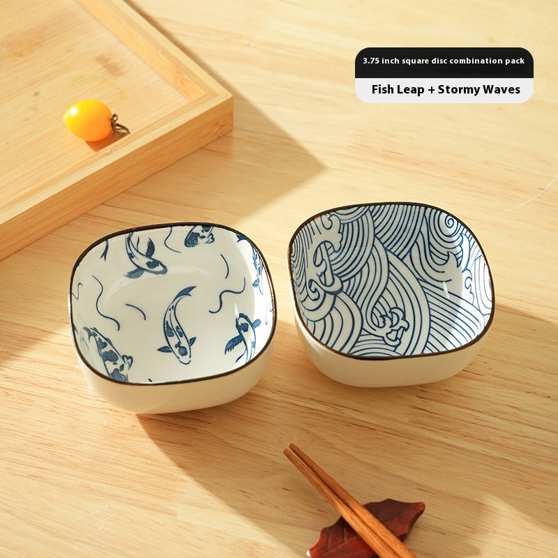Porcelain Dipping Sauce Dish Set with Cherry Blossom Design - Small Square Plate for Kitchen & Restaurant Use