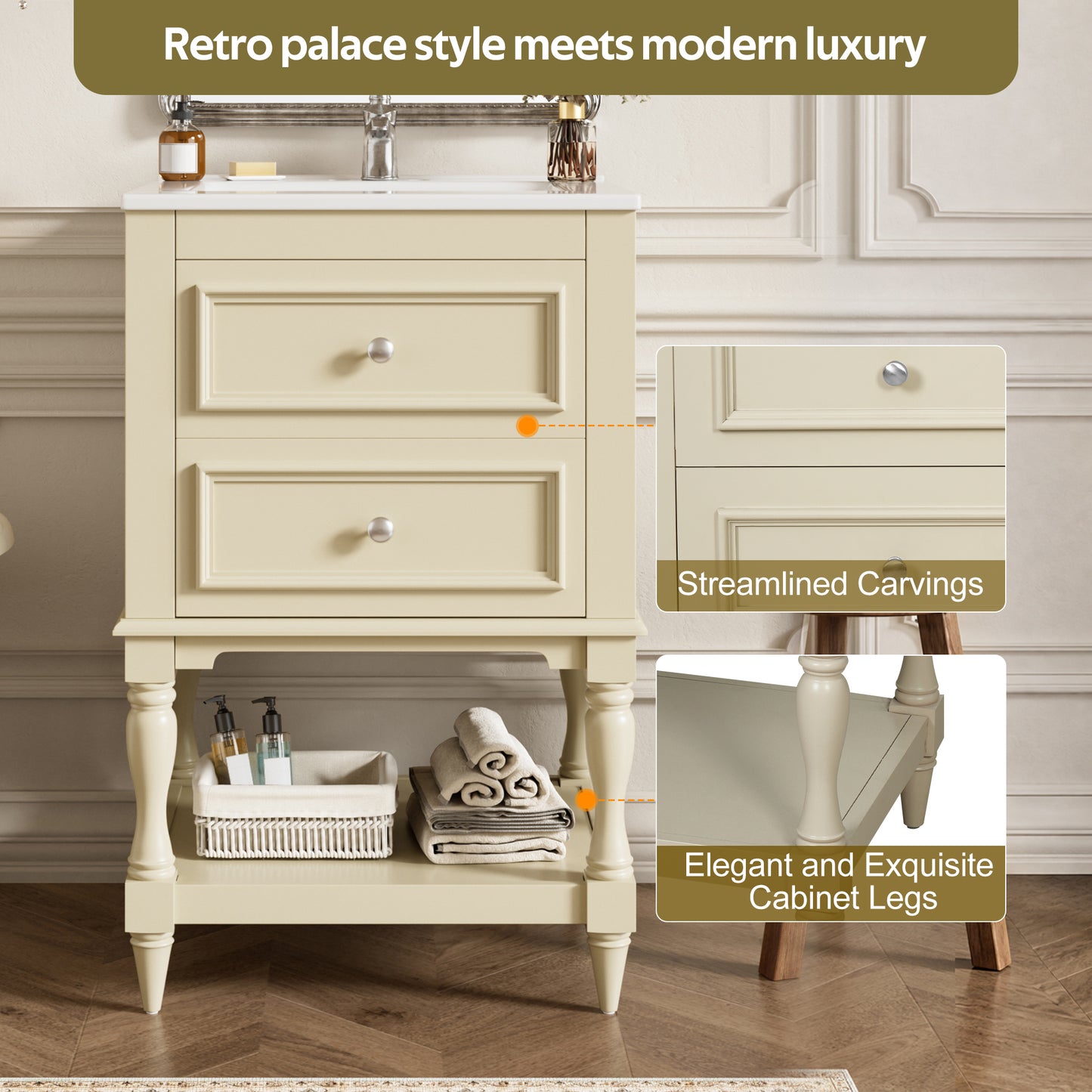 20'' Beige Bathroom Vanity with Ceramic Sink & 2 Drawers