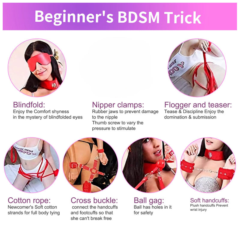 7-Piece BDSM Handcuff and Clip Set - Red