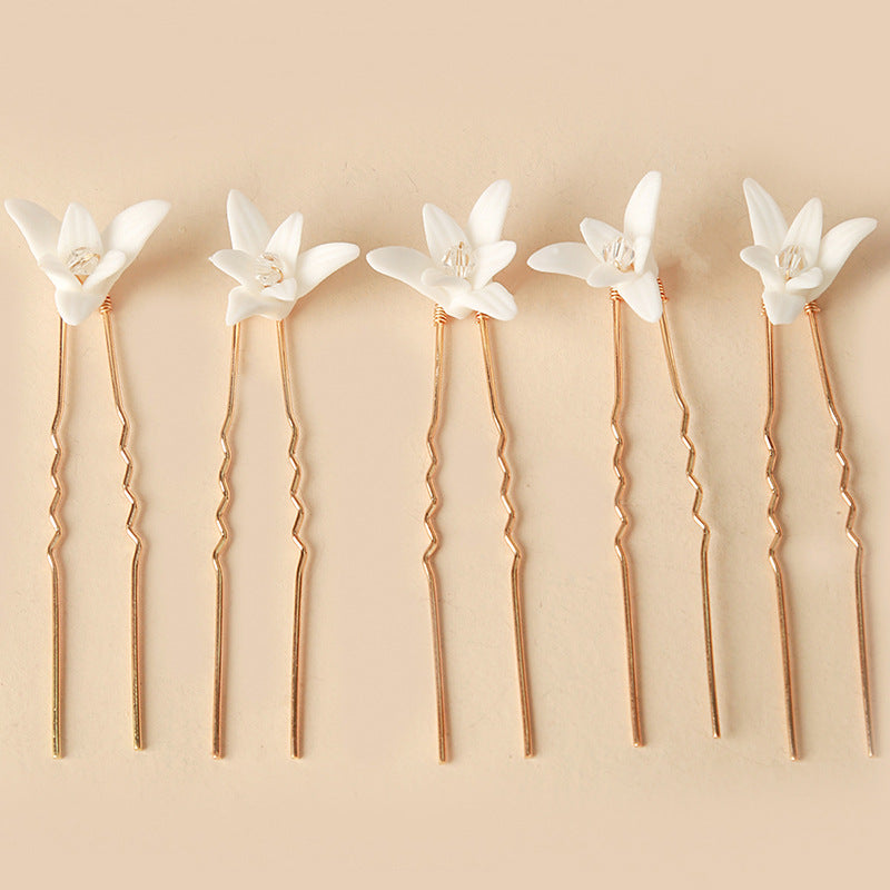 Ceramic Flower Hair Pins - Handmade Wedding Accessory Set, 5 Pack