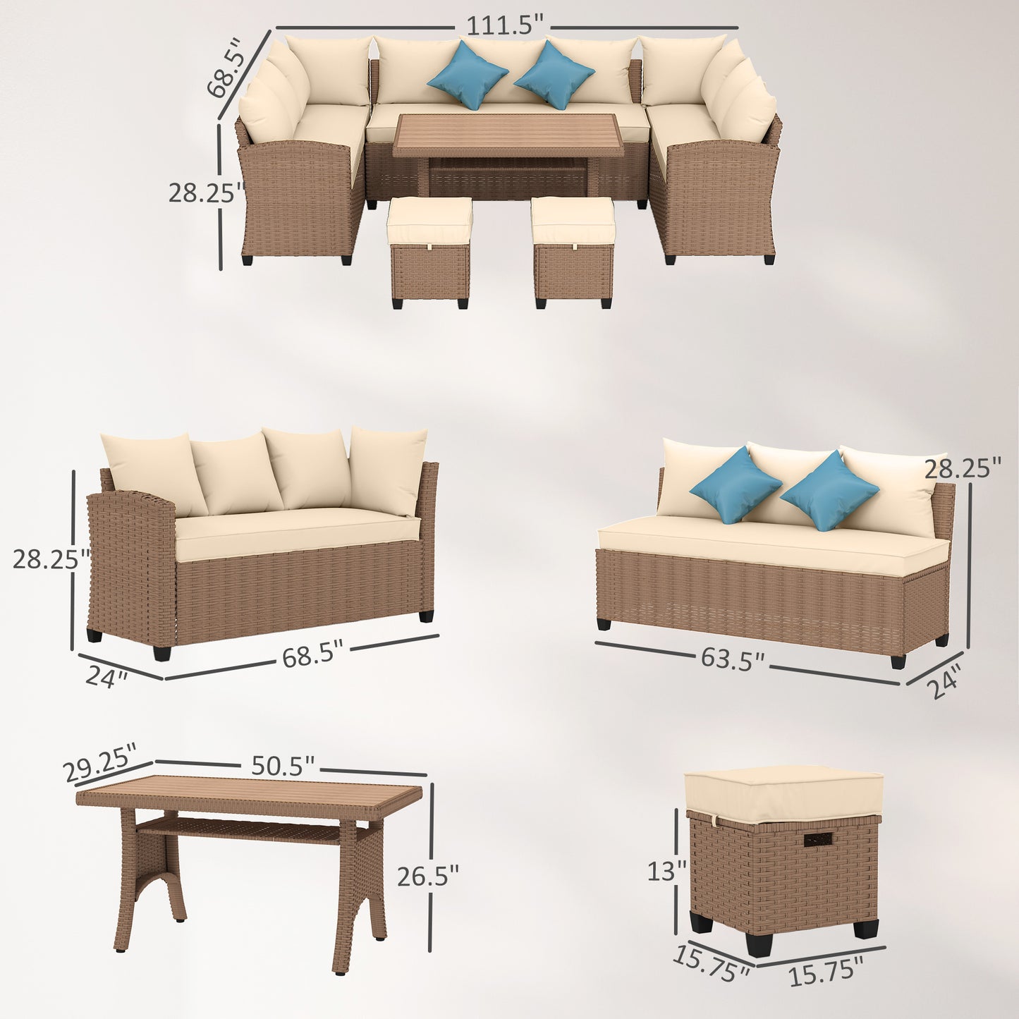 6-Piece Outdoor Furniture Set with Sectional Sofa and Dining Table - Khaki