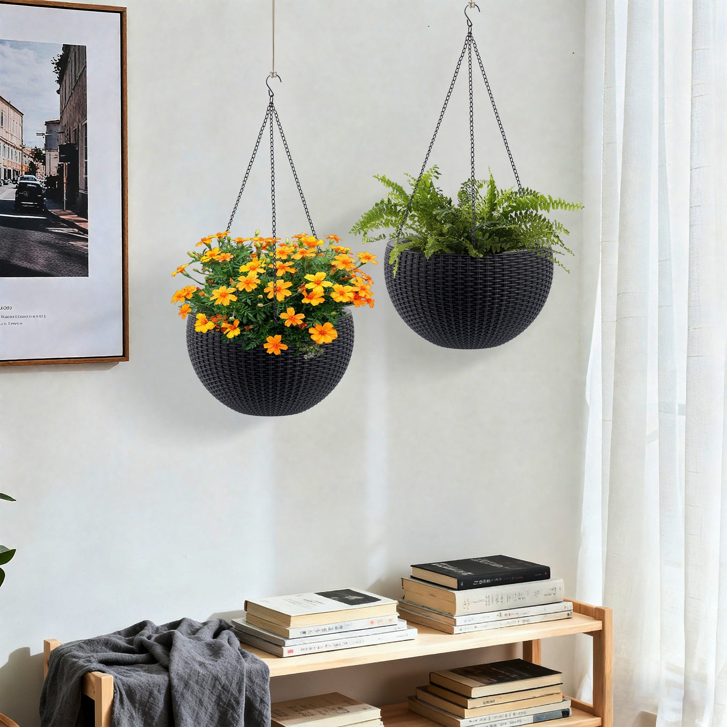 13.4 Inch Self-Watering Hanging Rattan-Inspired Planter Large