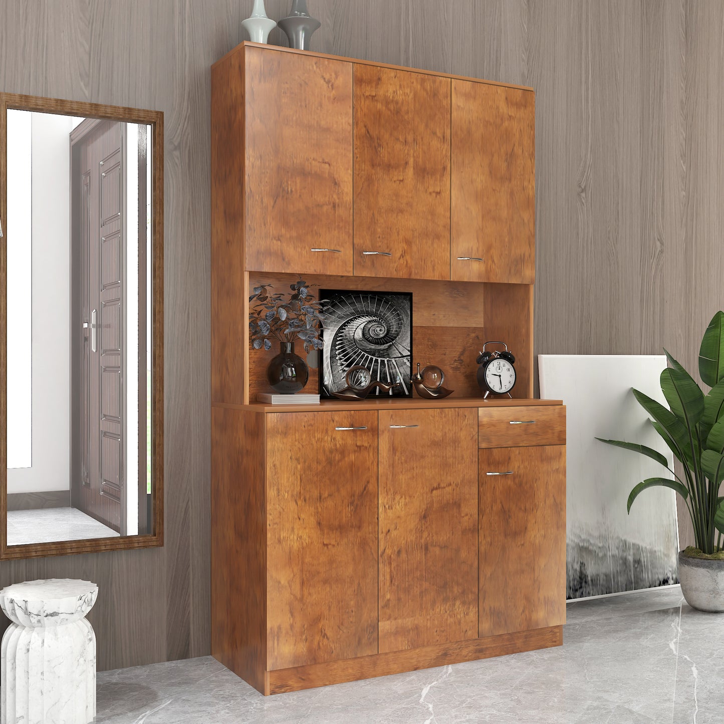 70.87" Tall Wardrobe & Kitchen Cabinet with 6 Doors, Open Shelf & Drawer - Walnut
