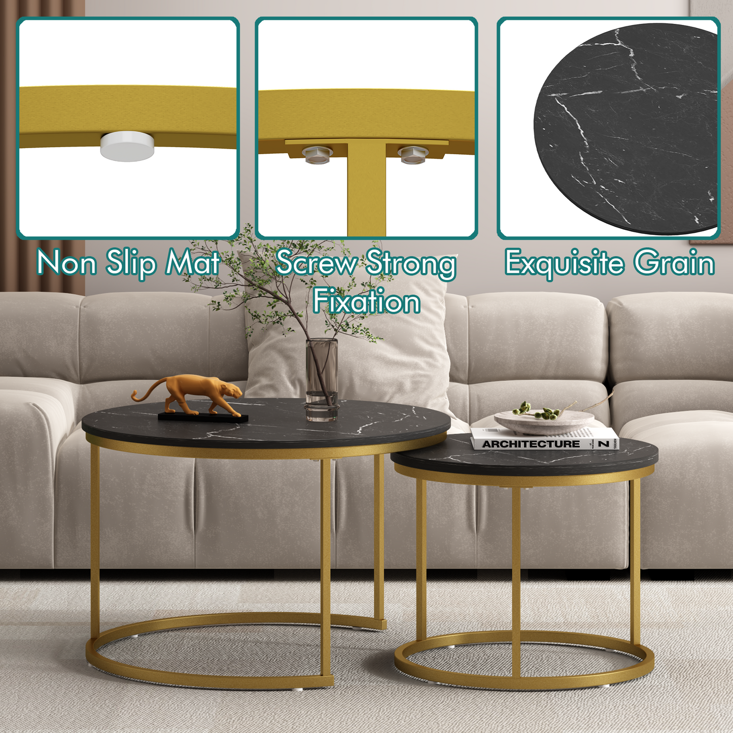 Nesting Coffee Table Set of 2 - Round Black+Gold Marble Top