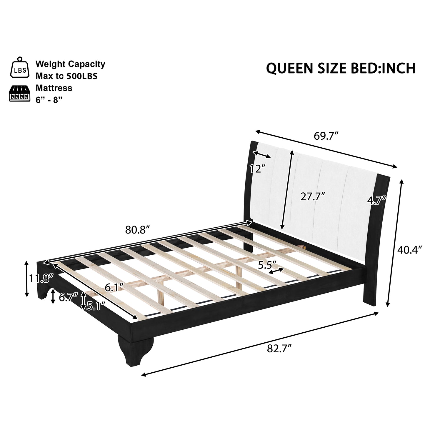 Queen Size Bed Frame - Black & White Pine, Modern Design, No Box Spring