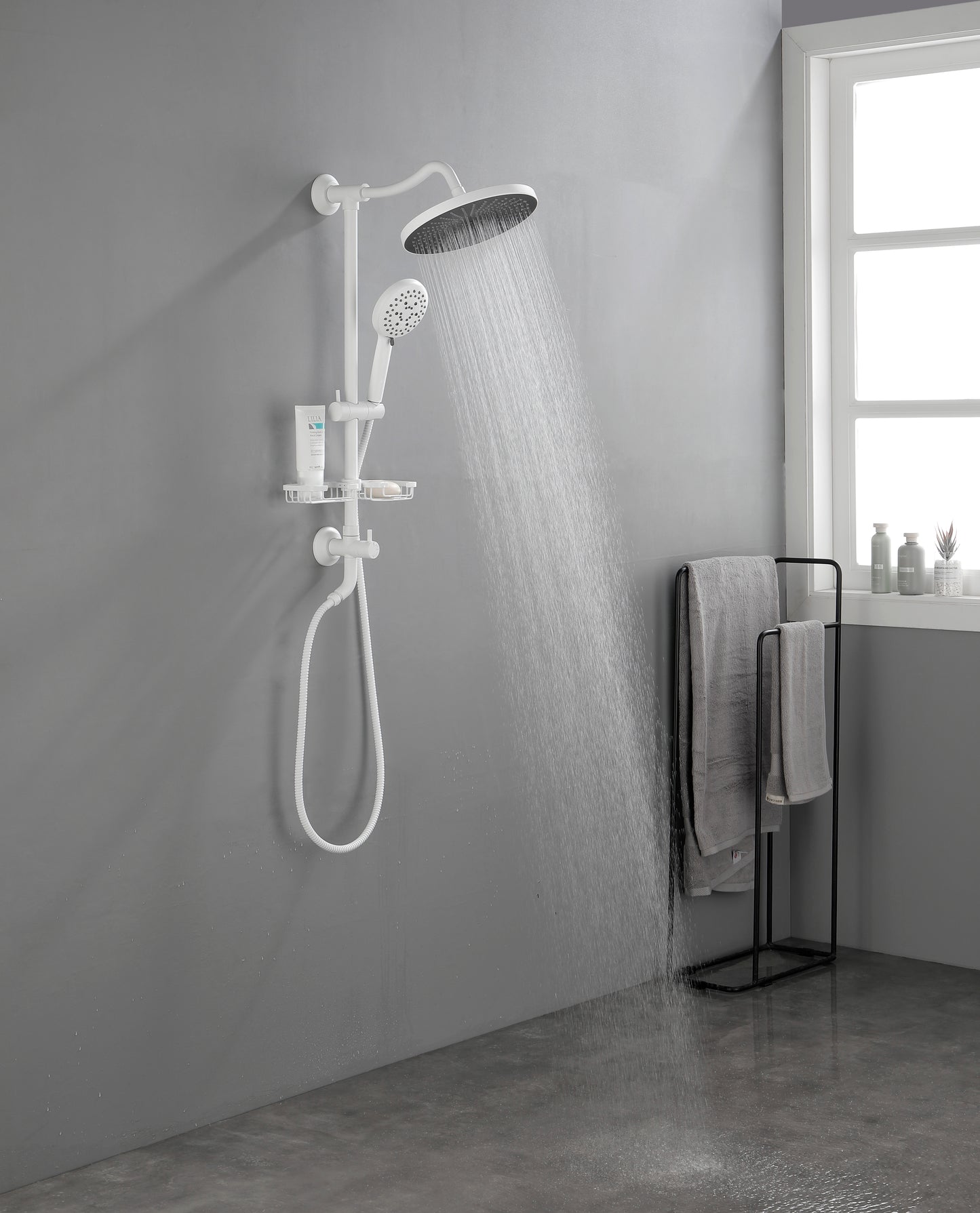 10" Rain Shower System with Hand Shower, Adjustable Slide Bar & Soap Dish - White