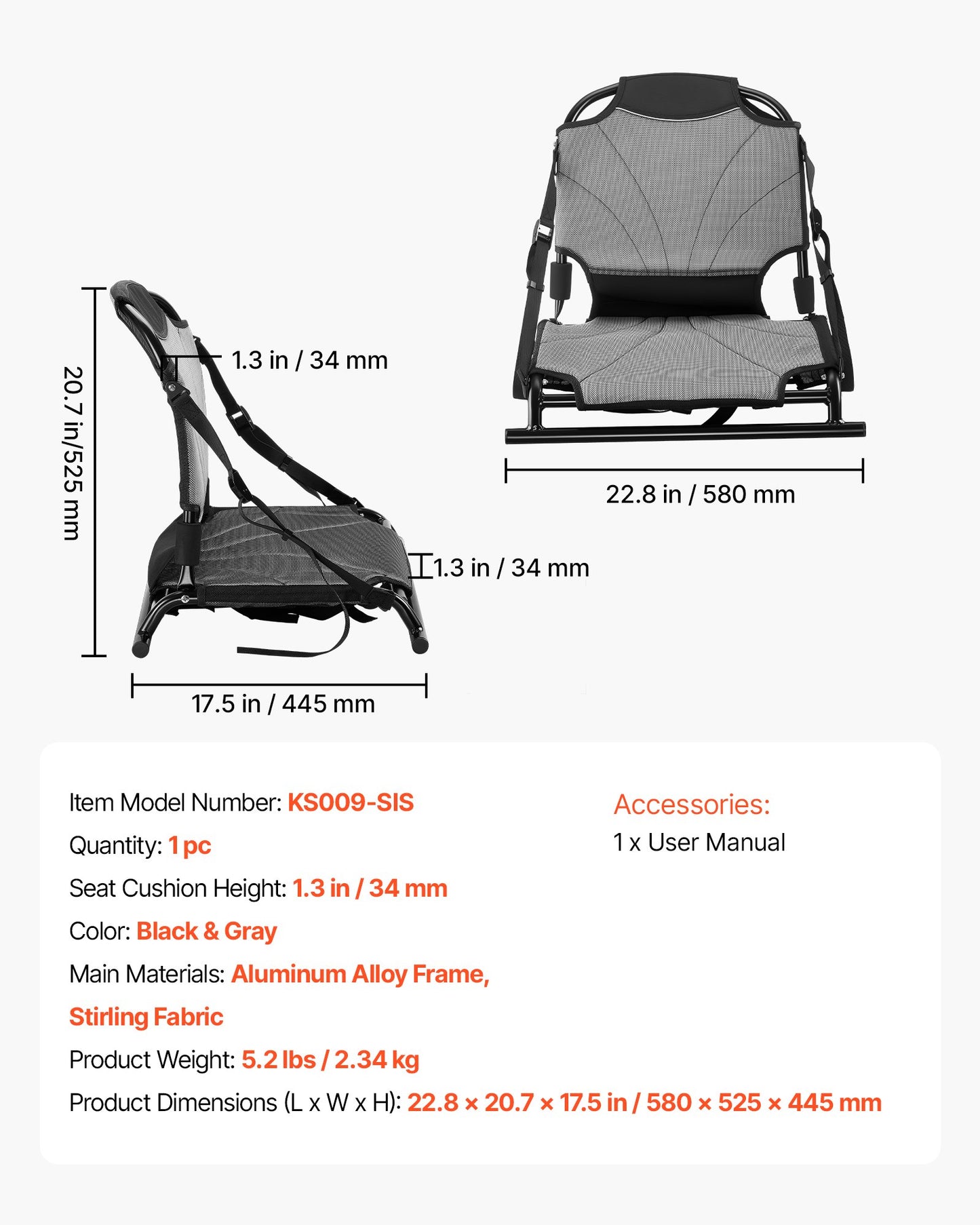 Universal Foldable Kayak Seat with Back Support and Adjustable Straps - Black