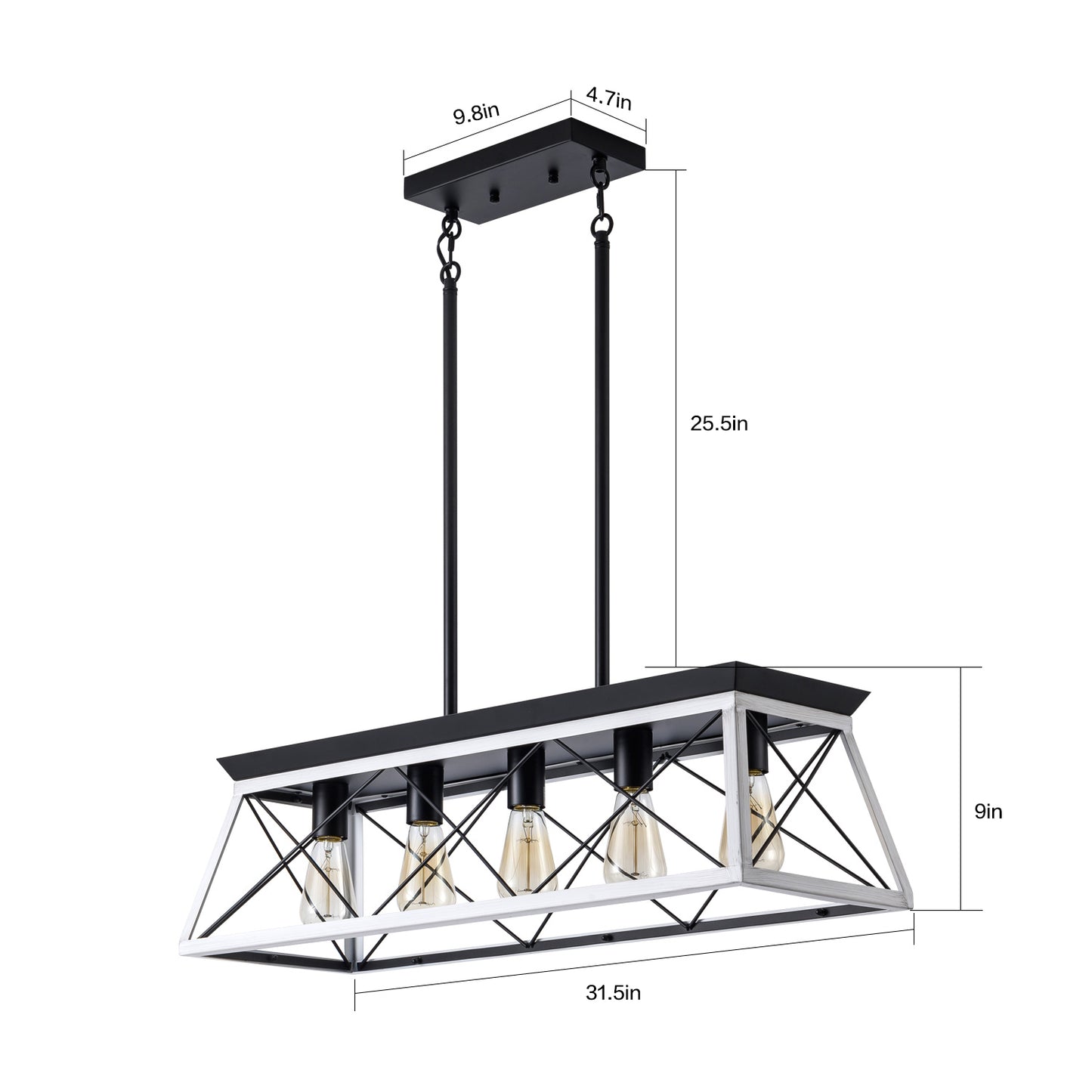 32-Inch Black & White Industrial 5-Light Pendant Chandelier - Adjustable Hanging Light