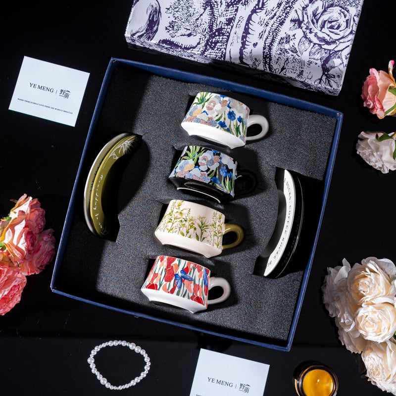 Elegant Iris Flower Ceramic Coffee Cup Set with Gift Box - Multiple Styles & Sizes