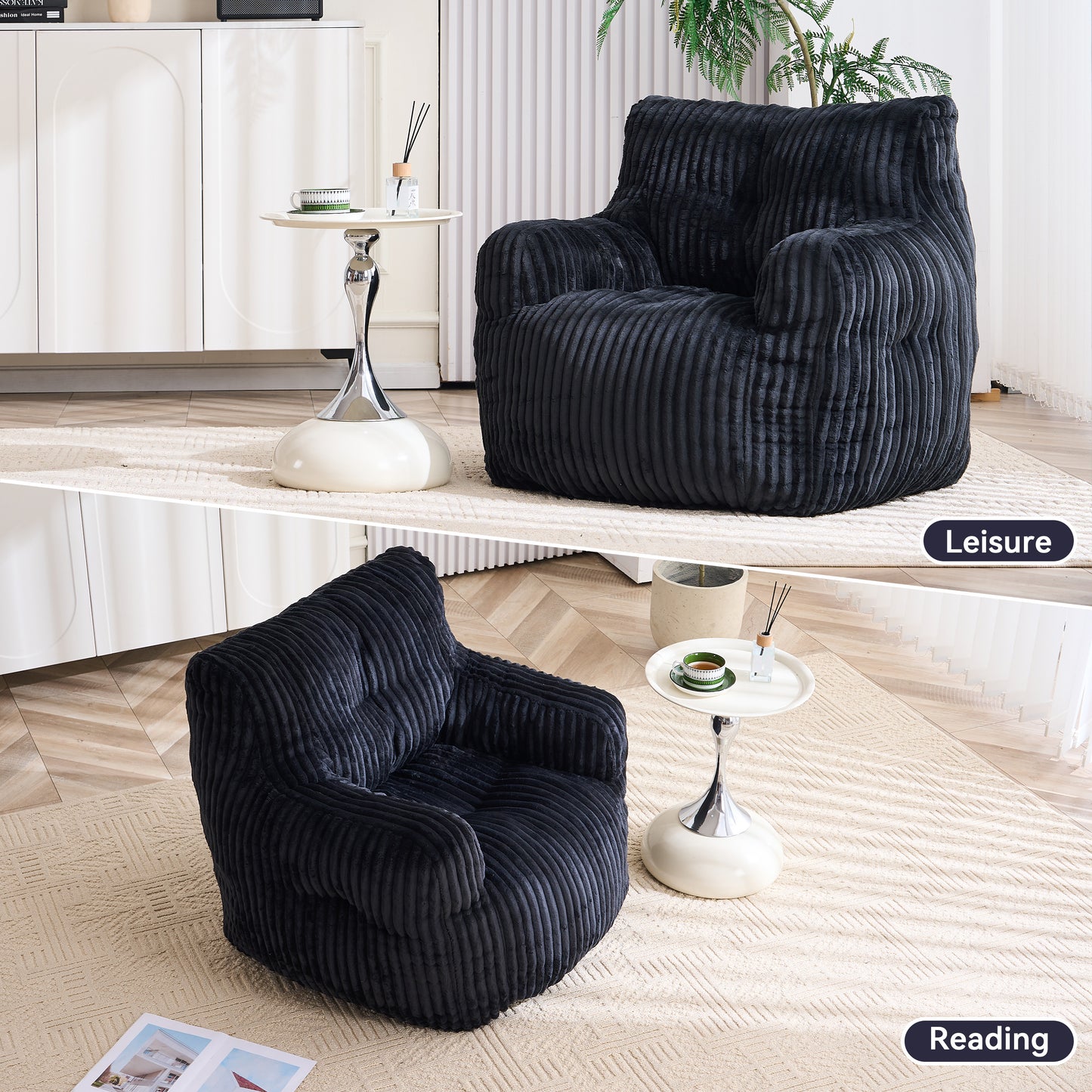 Soft Fluffy Corduroy Bean Bag Chair with Memory Foam - Black