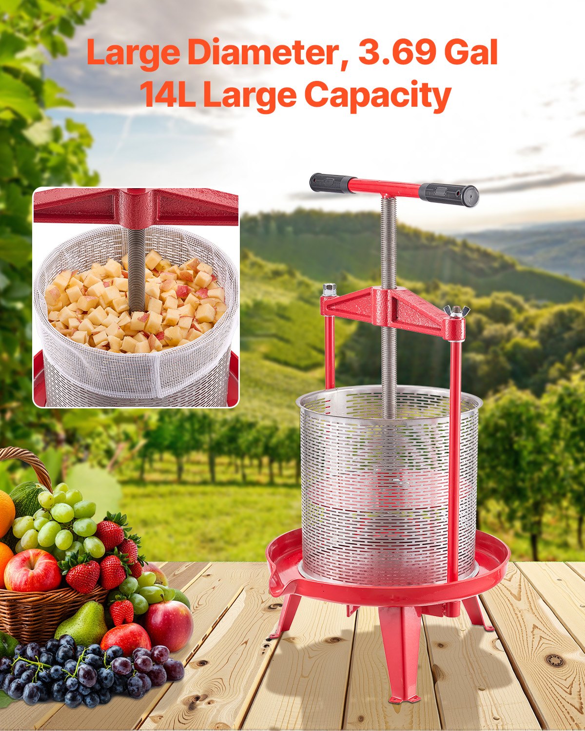Manual Fruit Wine Press - 3.69 Gallon Stainless Steel Juicer