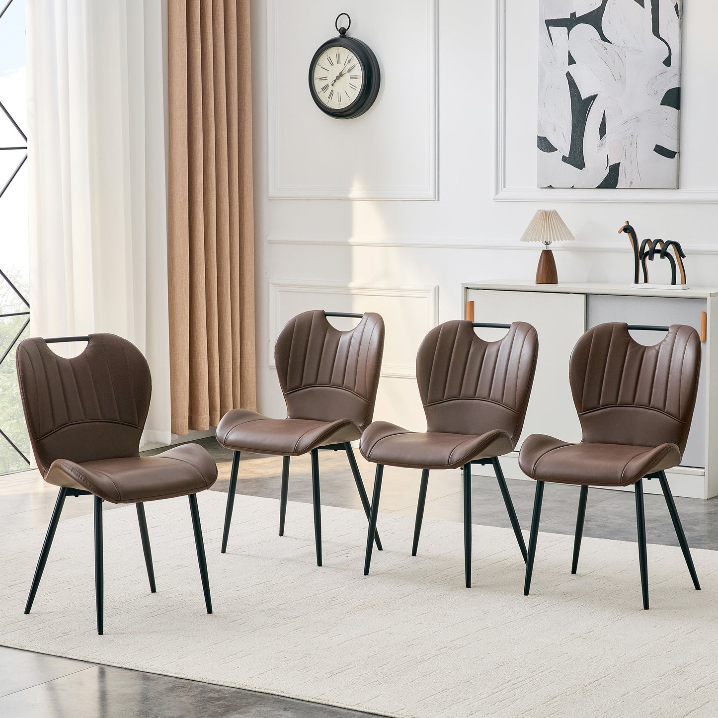 Set Of 4 Brown PU Dining Chairs With Integrated Handle. Black Metal