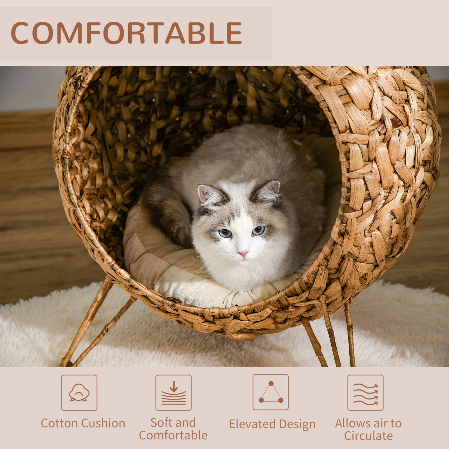 Natural Weaved Cat Bed - Elevated Hand-Woven Banana Leaf Condo with Cushion