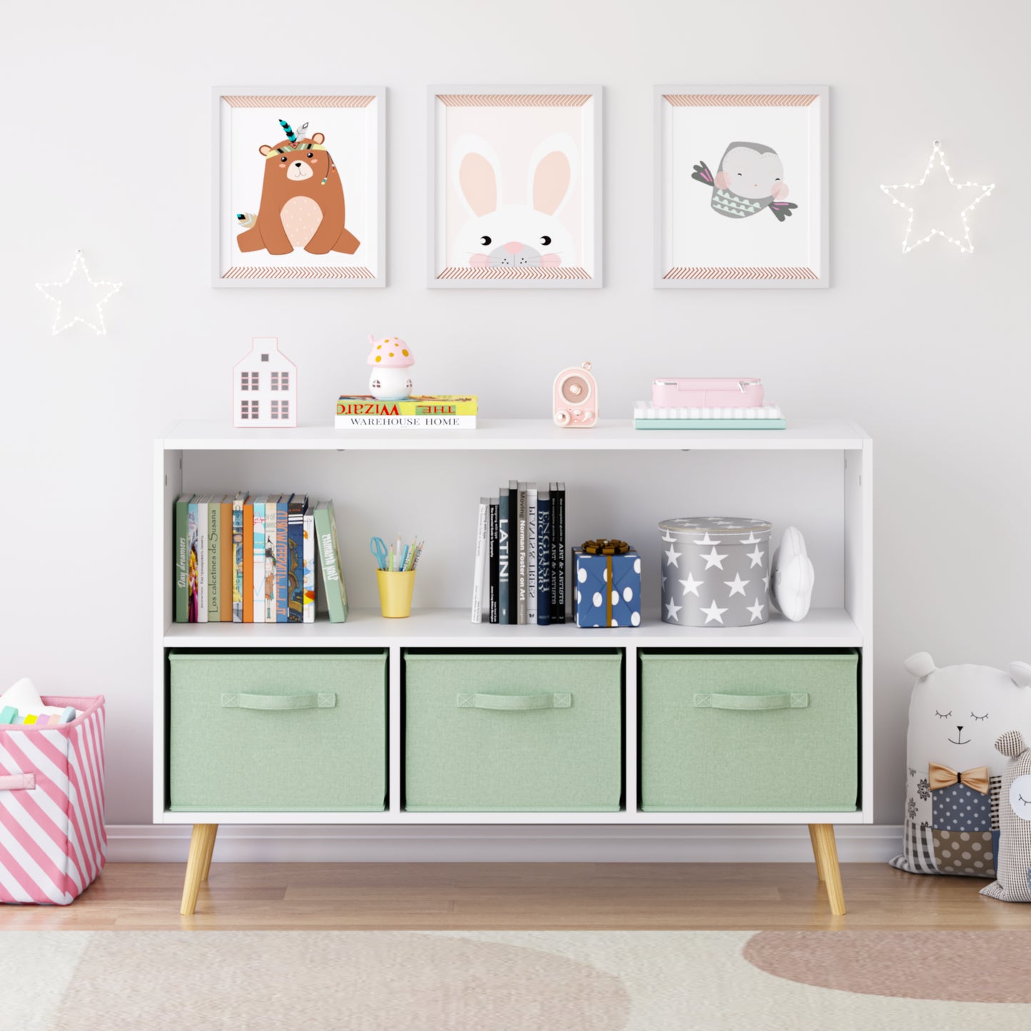 Kids Bookcase with Collapsible Fabric Drawers - White & Green