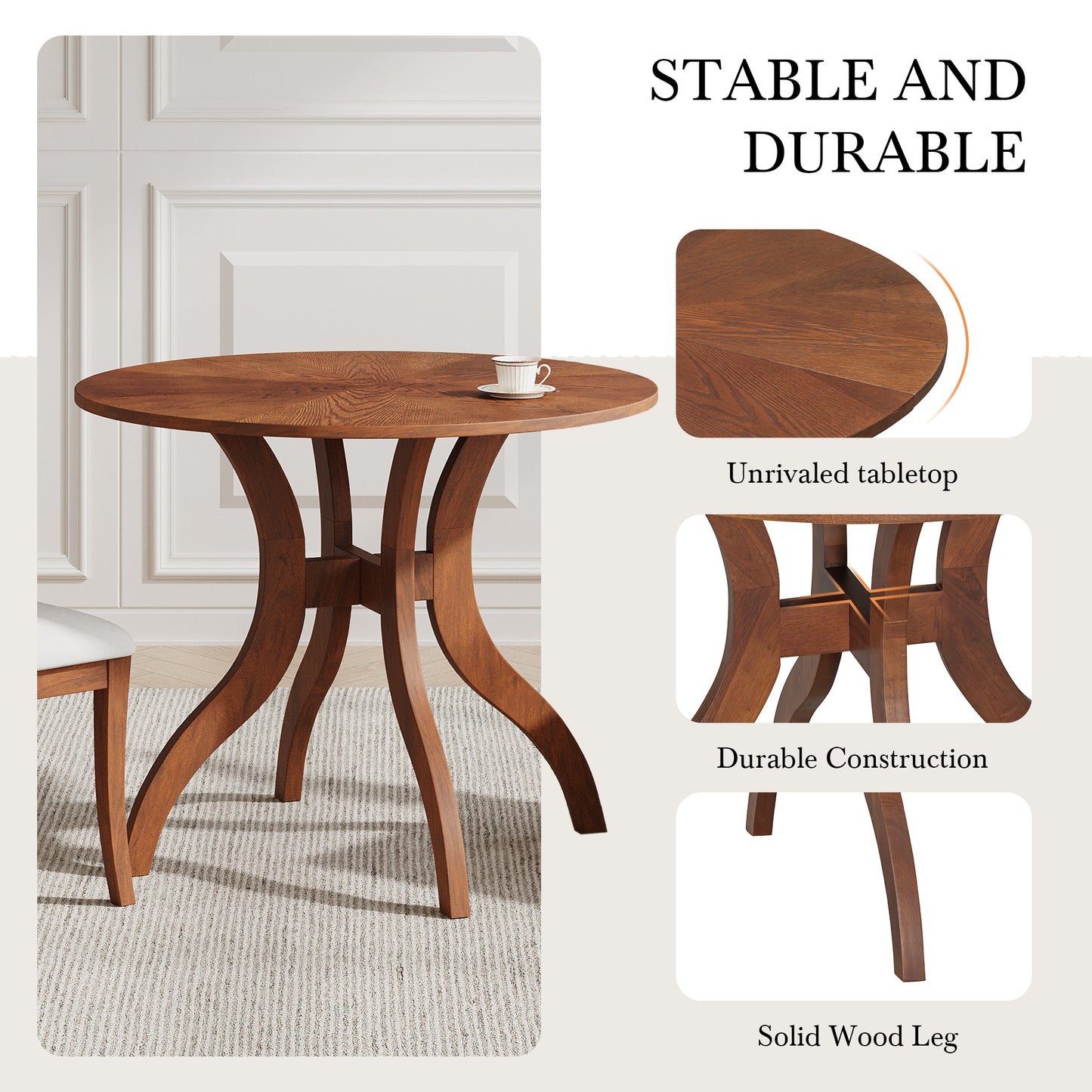 Round Walnut Dining Table Set with 2 Chairs - Traditional Design