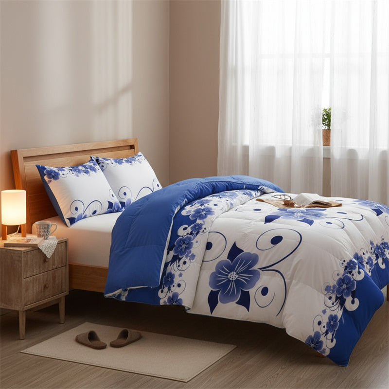 Blue & White Floral Duvet Cover Set - Heavyweight Microfiber