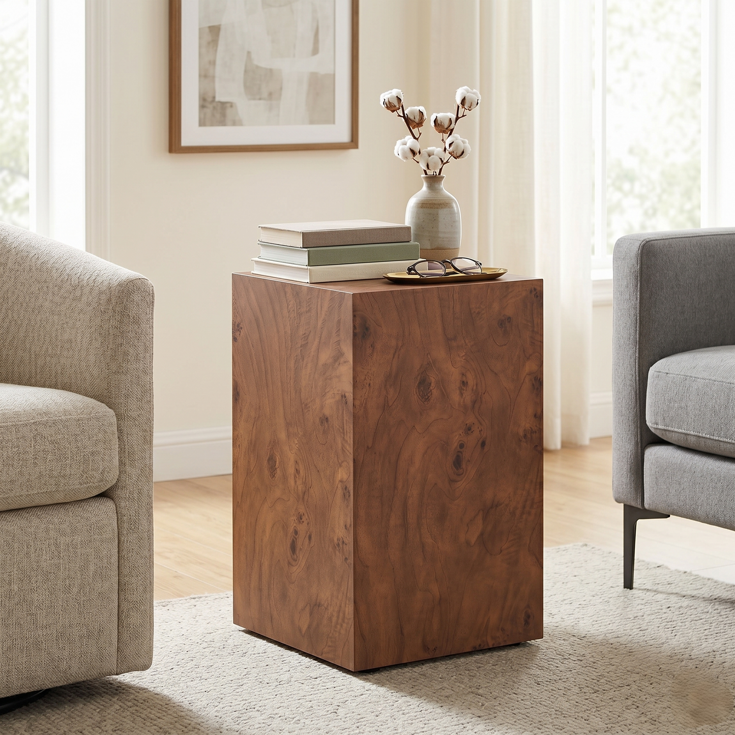Height Adjustable Burl Walnut Veneer MDF Cube Table - 11.8"