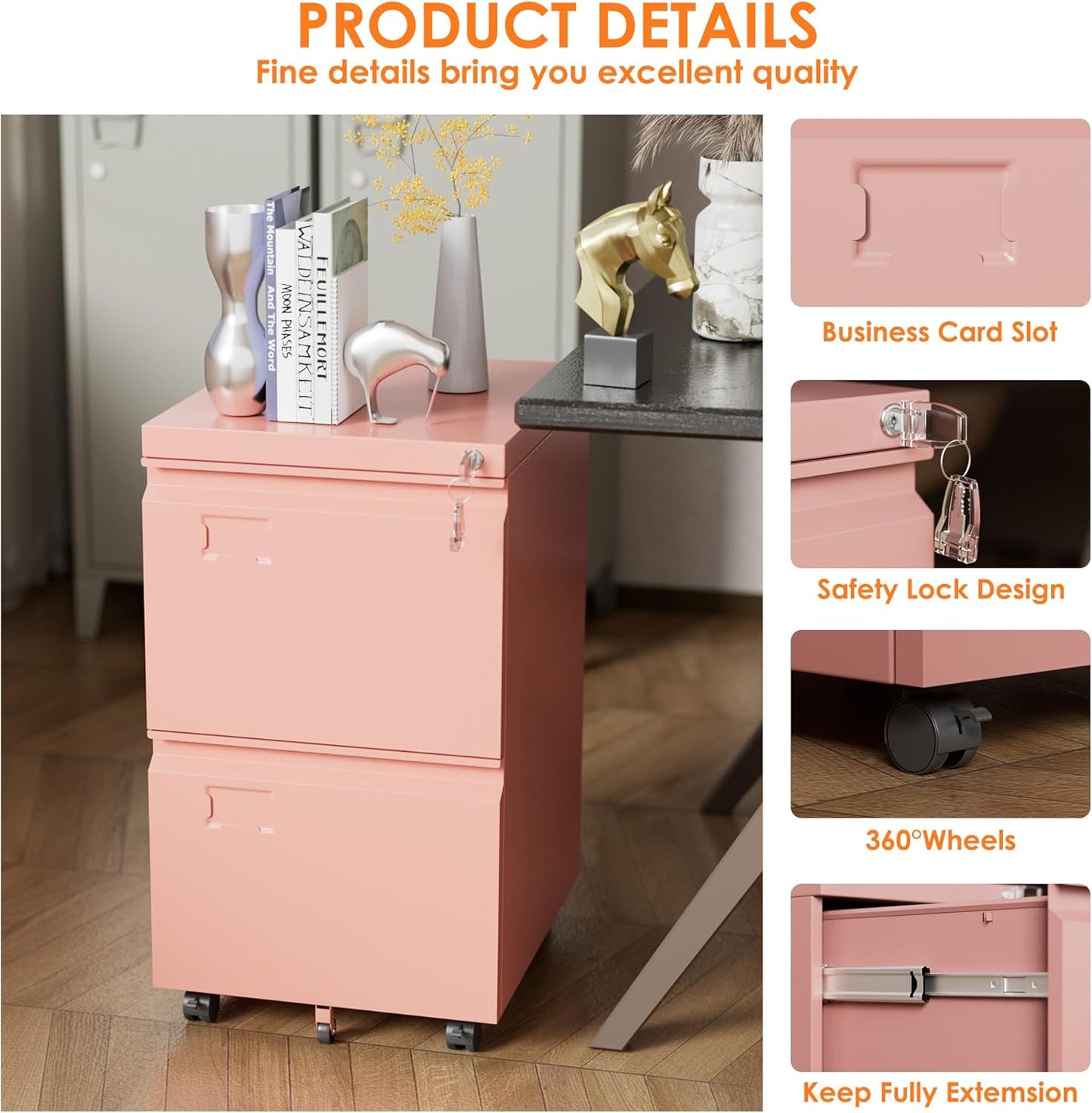 2-Drawer Mobile File Cabinet with Lock - Pink