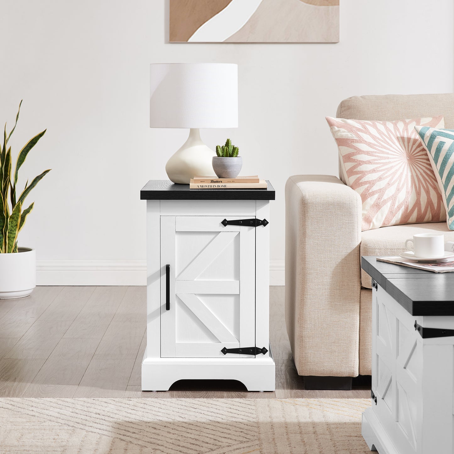 Farmhouse End Table with Barn Door & Adjustable Shelf - White