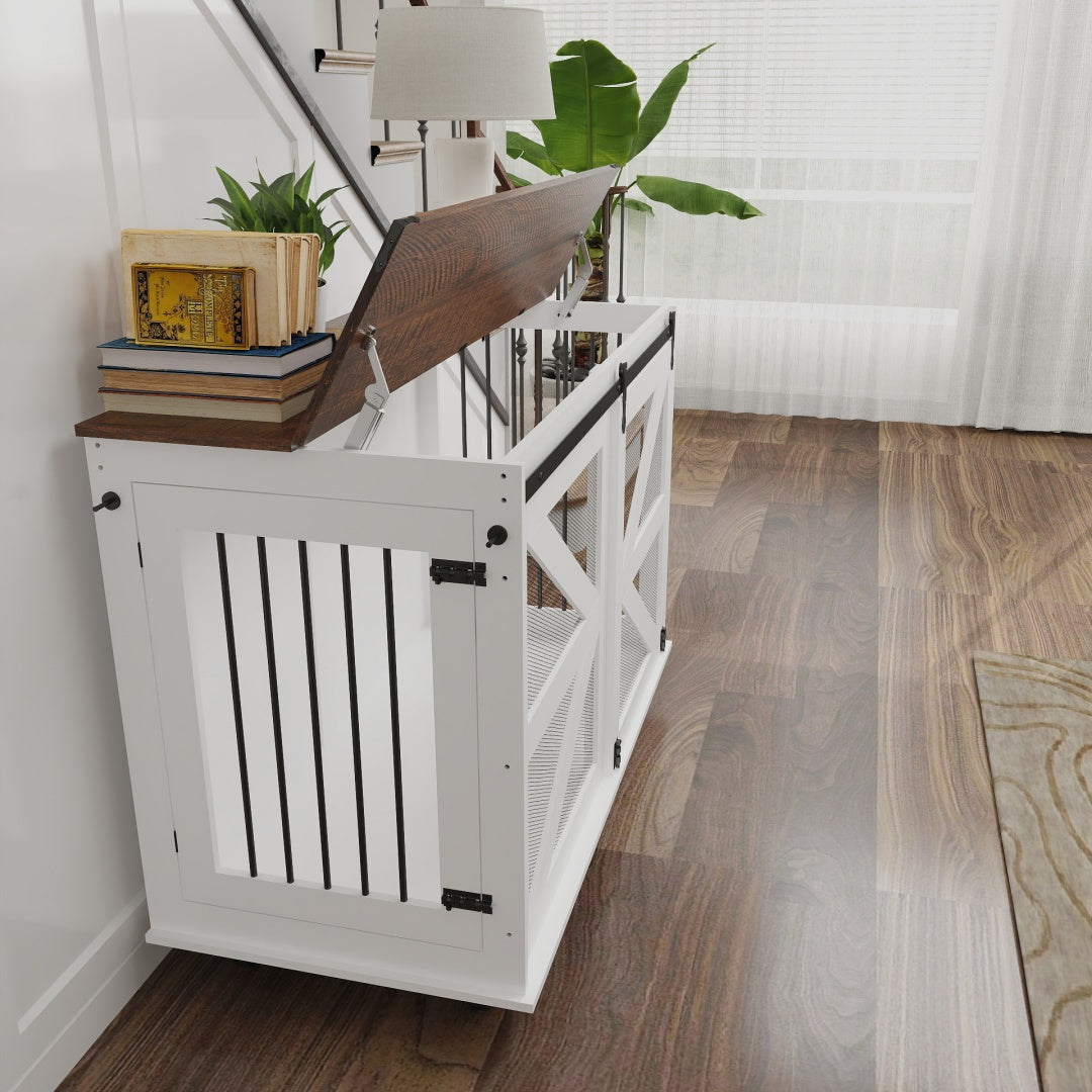 47.2-Inch Mobile Dog Crate with Flip-Top Feeding Door, Dual-Access & Casters