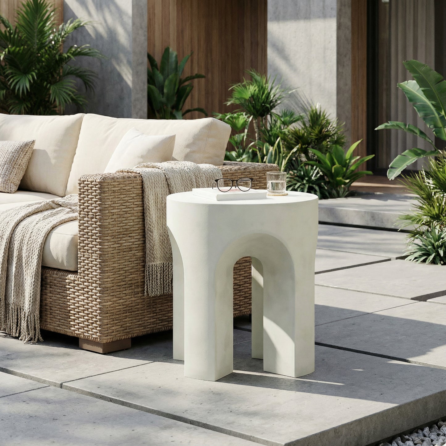 Outdoor Round Top Side Table - Antique White Concrete Accent Table