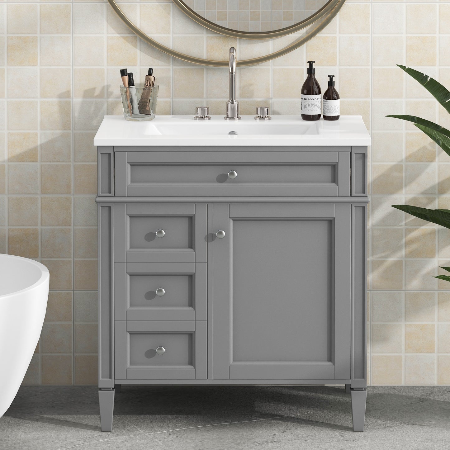 30'' Modern Bathroom Vanity with Sink & 3 Drawers - Grey