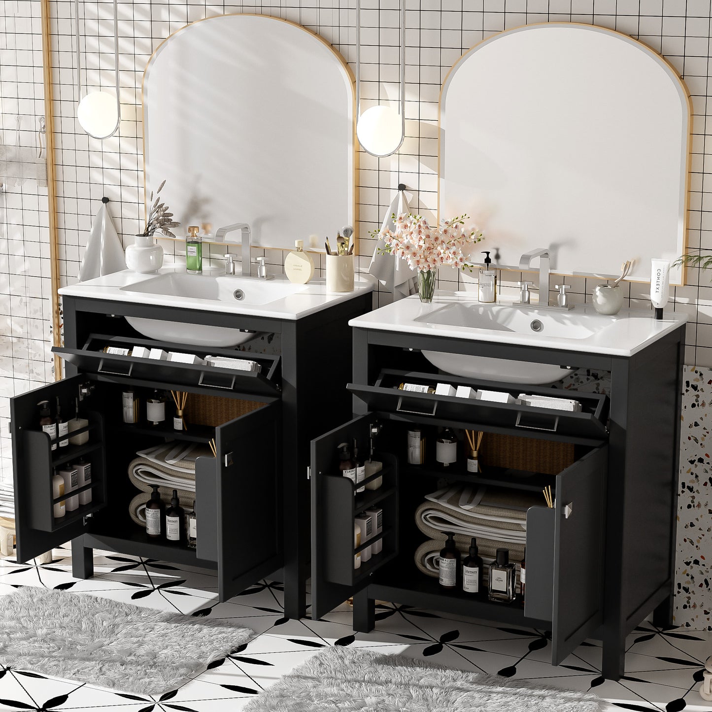 60" Modern Black Bathroom Vanity Set with Double Sinks & Storage
