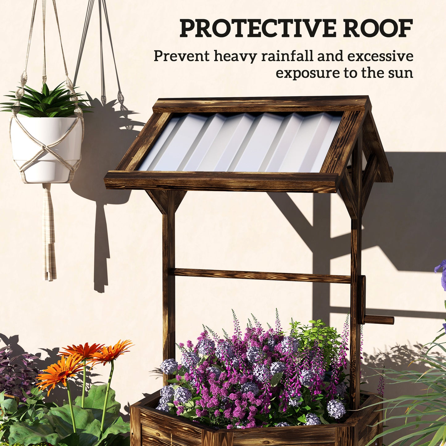 Wooden Wishing Well Planter, Raised Garden Bed With Galvanized