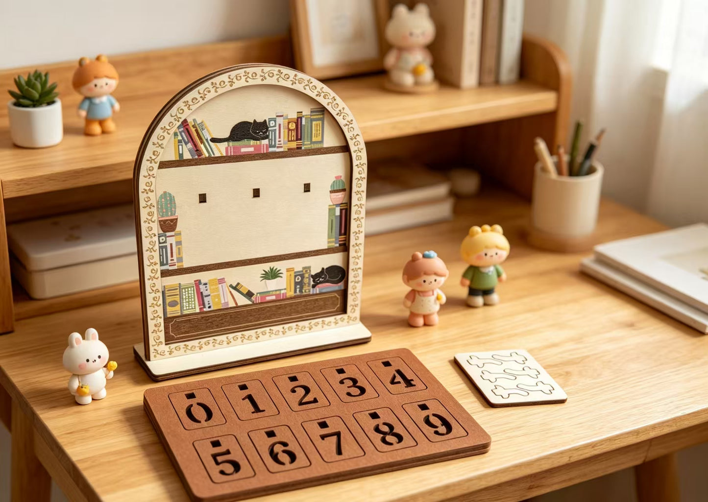Wooden Black Cat Bookshelf Reading Tracker - Reusable Book Log & Desk Decor