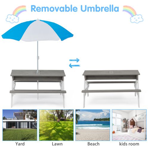 3-in-1 Kids Outdoor Wooden Picnic Table with Umbrella - Grey