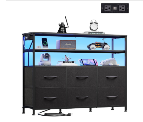 39-Inch TV Stand with RGB LED Lights & Charging Station - Black