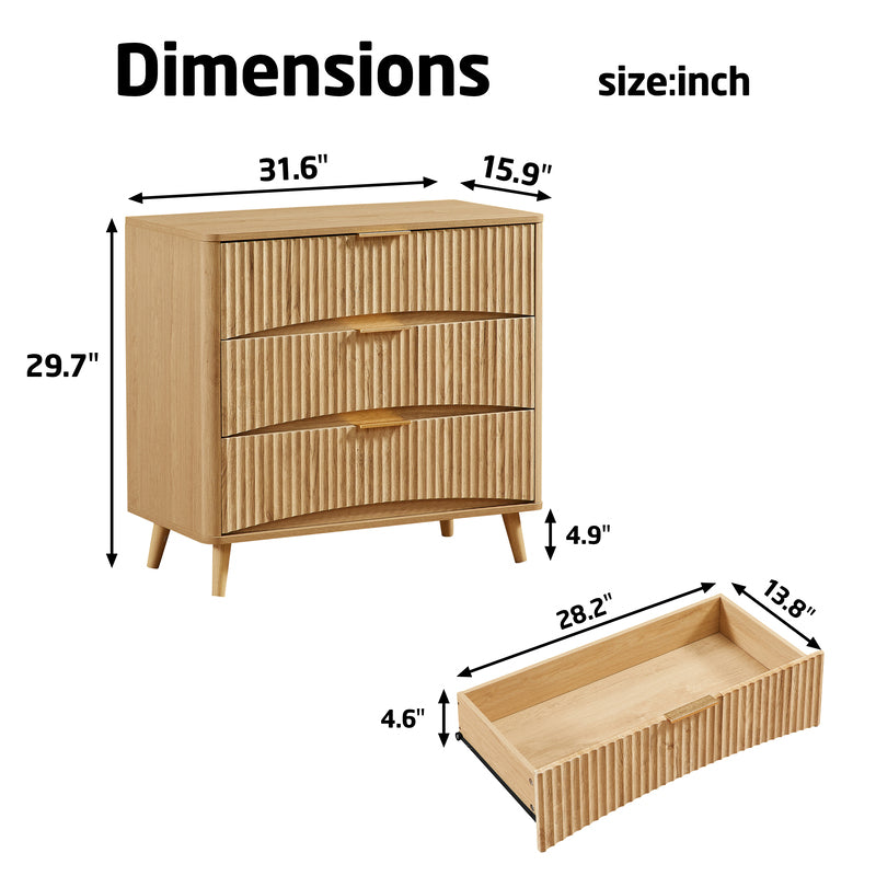 Fluted 3-Drawer Dresser - Mid-Century Modern Oak Storage Cabinet