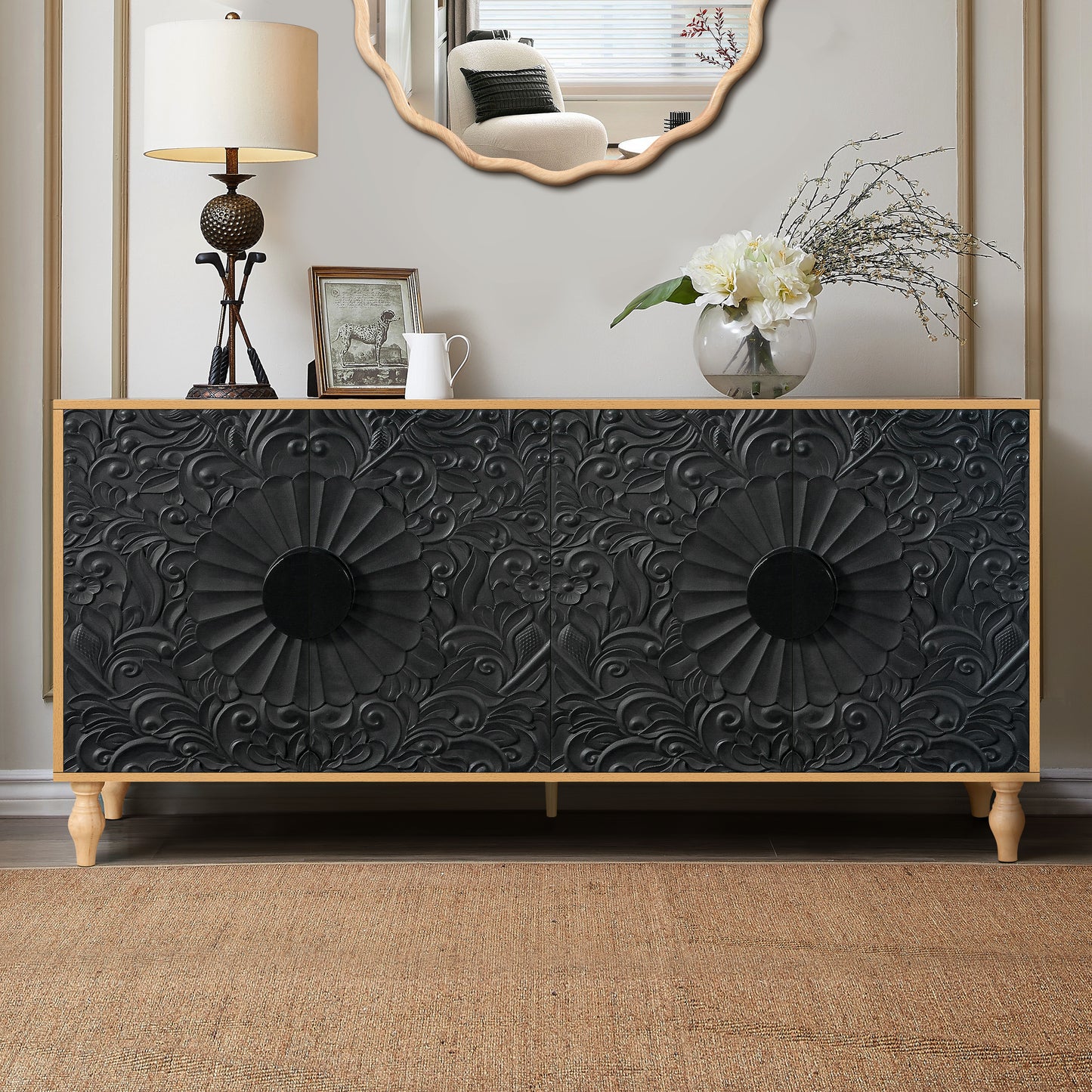 Black Carved Symmetrical Door with Wood-Coloured Frame - TV Stand