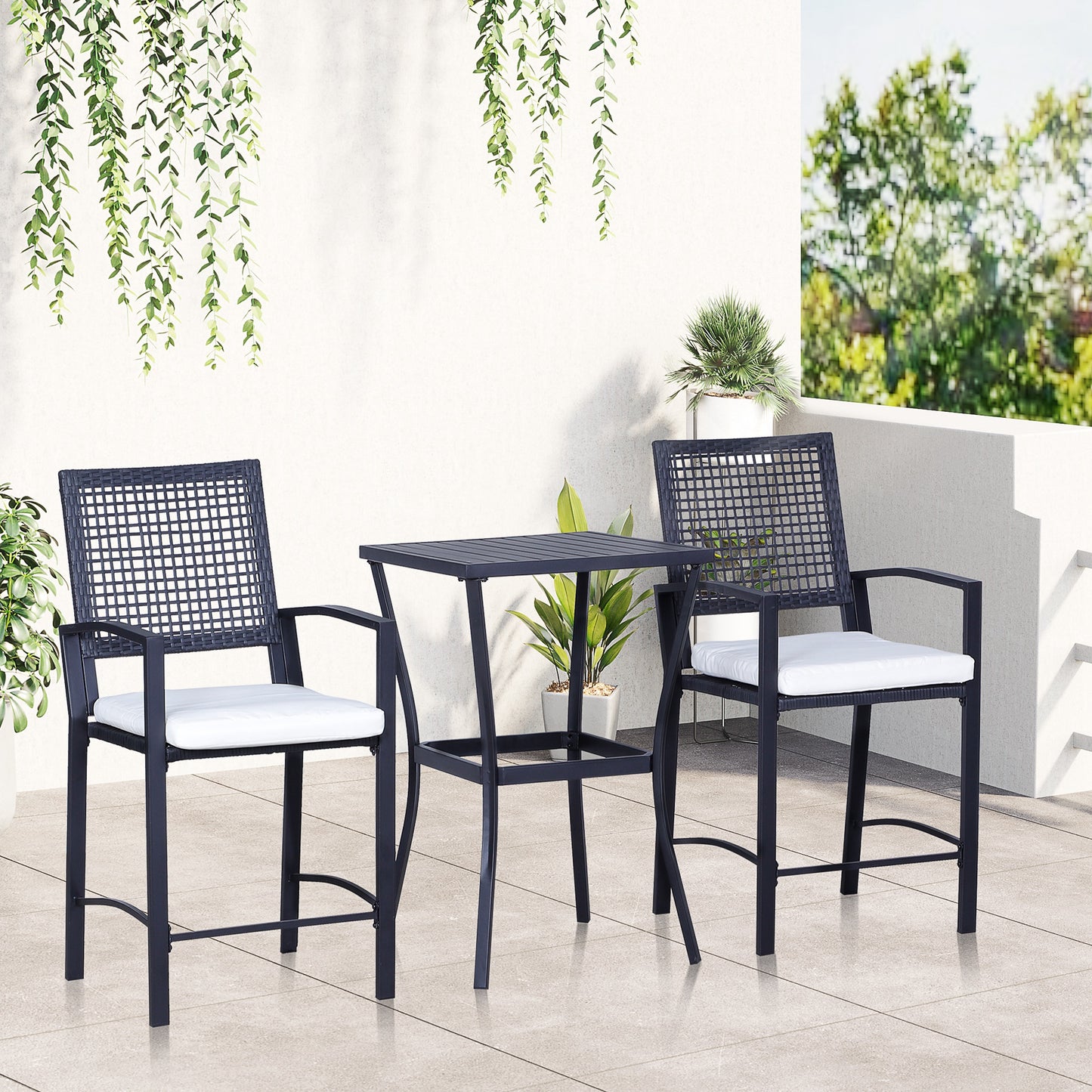 3-Piece Rattan Wicker Patio Bar Set with Cushions - Black