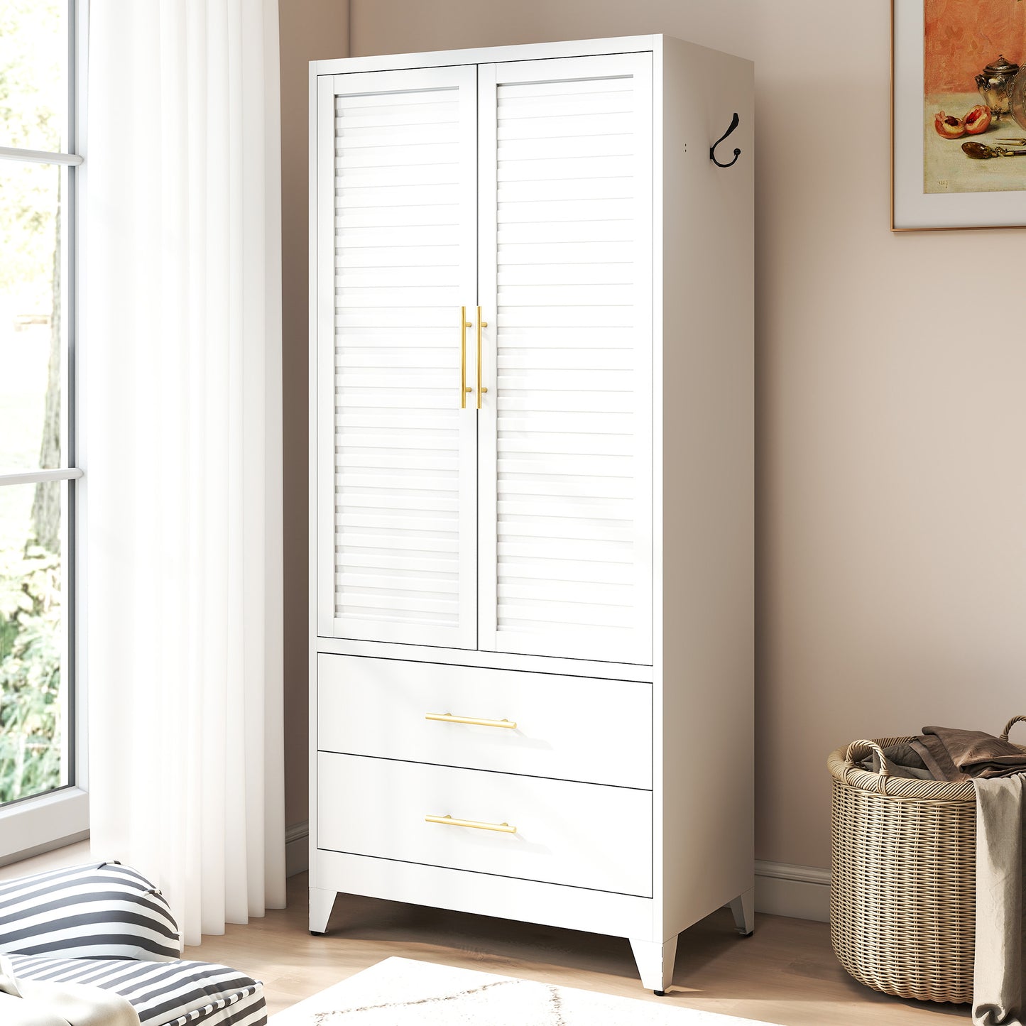 White Metal Wardrobe Closet With 2 Doors And Drawers, 71inTall