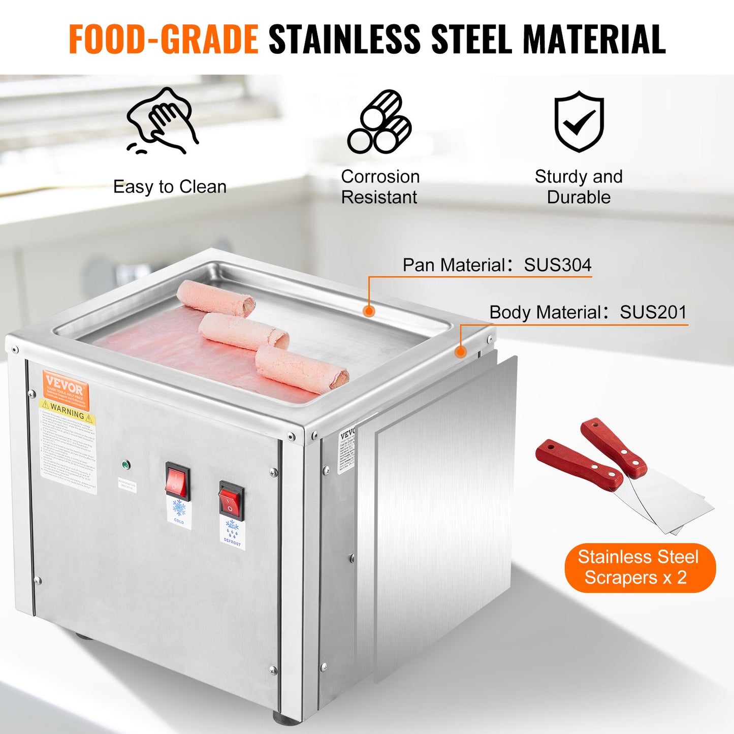 Ice Cream Roll Machine 11x9.5 Inch Stainless Steel Frozen Yogurt Maker with Compressor & 2 Scrapers - Silver