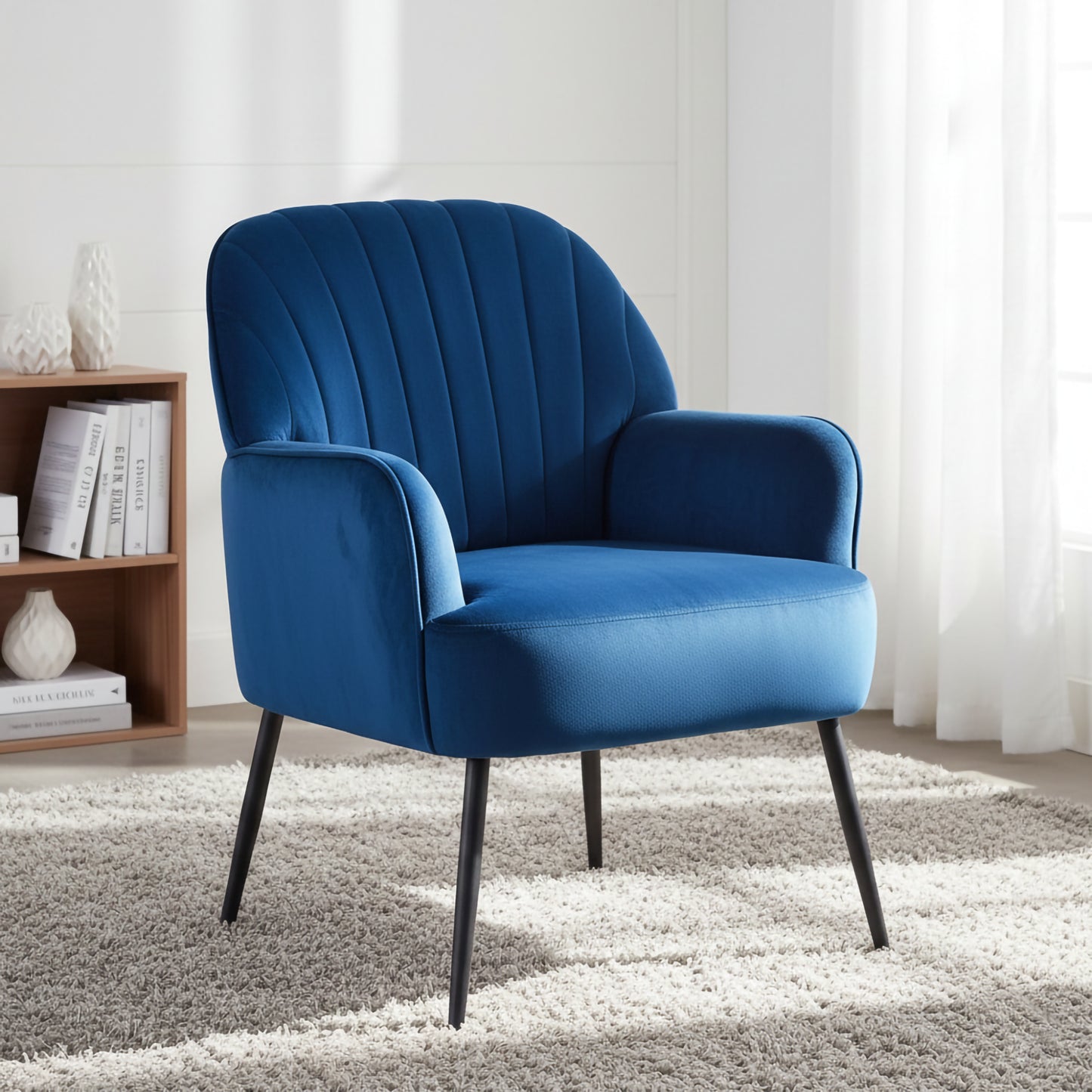 Modern Velvet Accent Chair - Comfy Barrel Armchair in Blue
