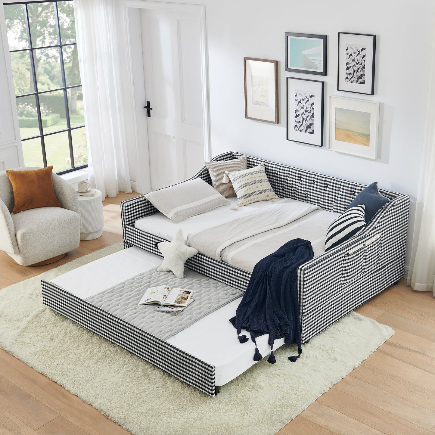 Upholstered Daybed with Tufted Backrest & Trundle - Black