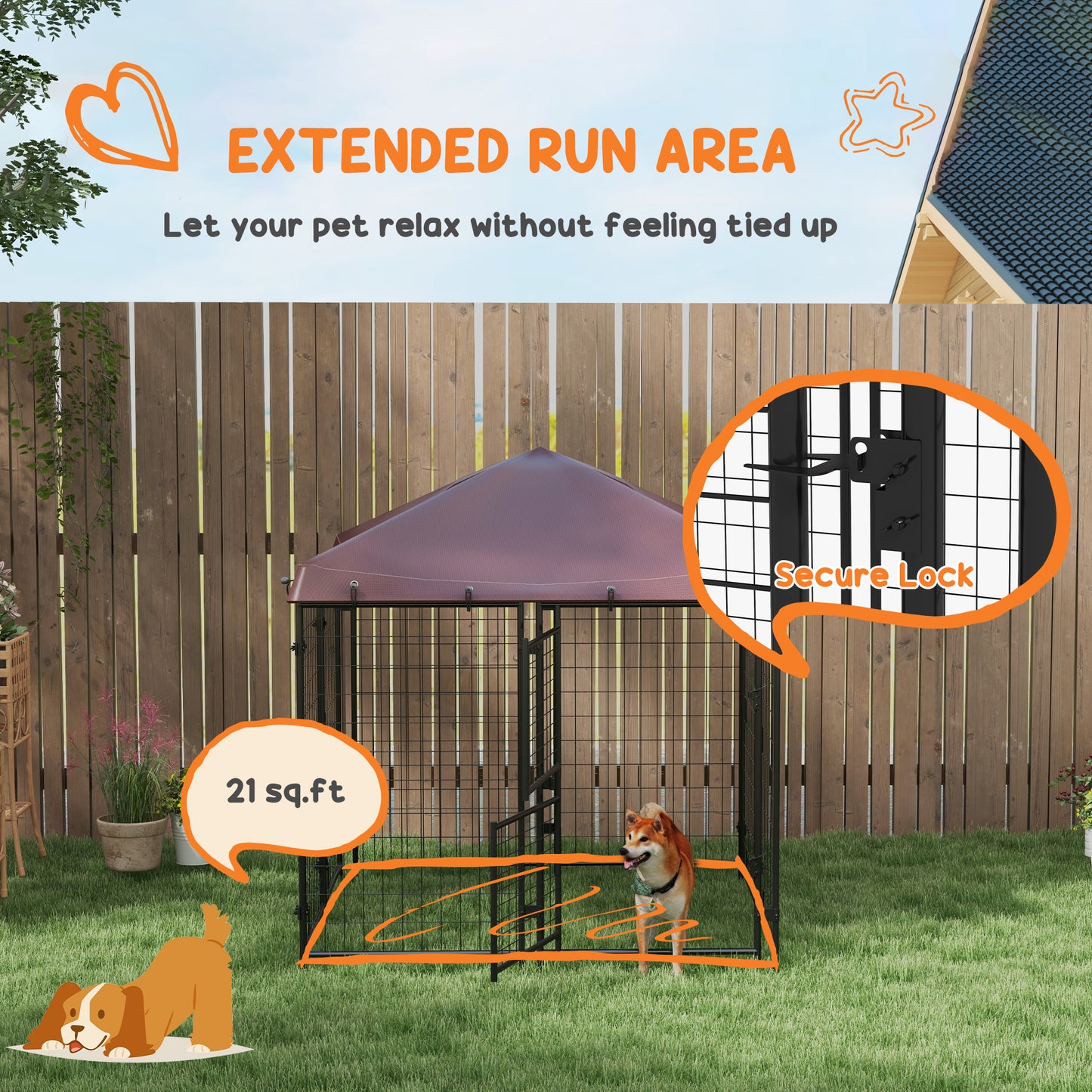 Outdoor Dog Kennel with Waterproof Canopy - Large, Steel Frame, Brown