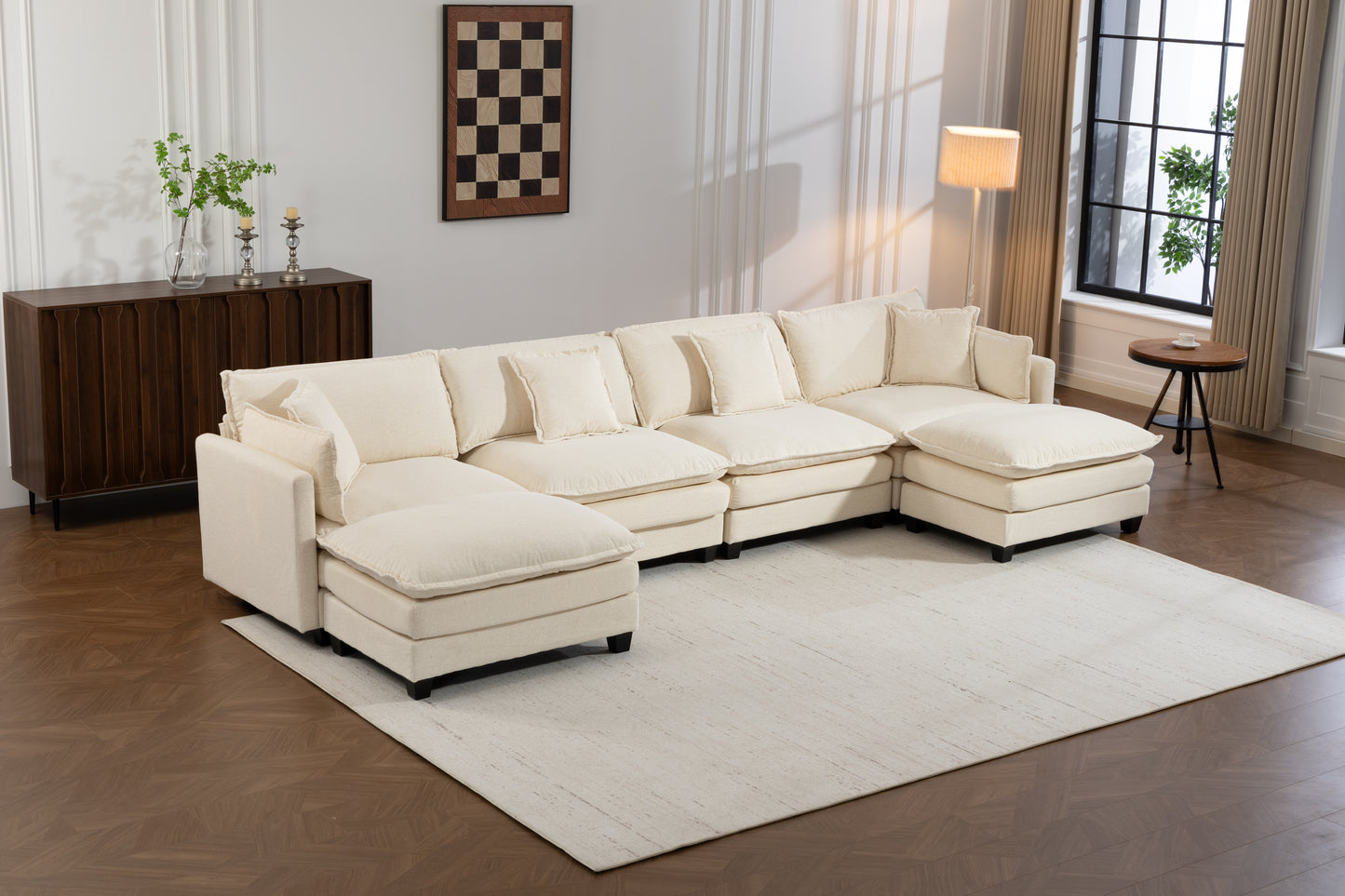 Antique White 4-Seat Sectional Sofa with Ottoman & Pillows