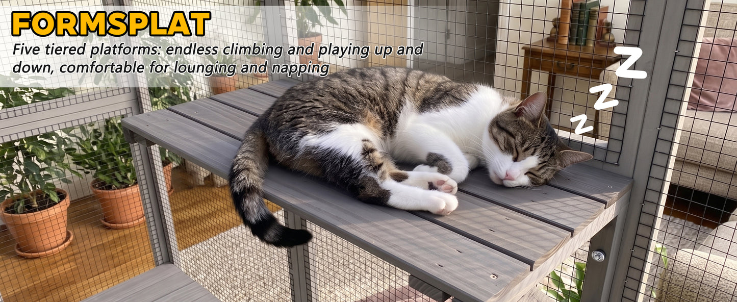 Gray Wooden Cat Enclosure with Waterproof Top, 2 Napping Boxes, Spacious & Secure