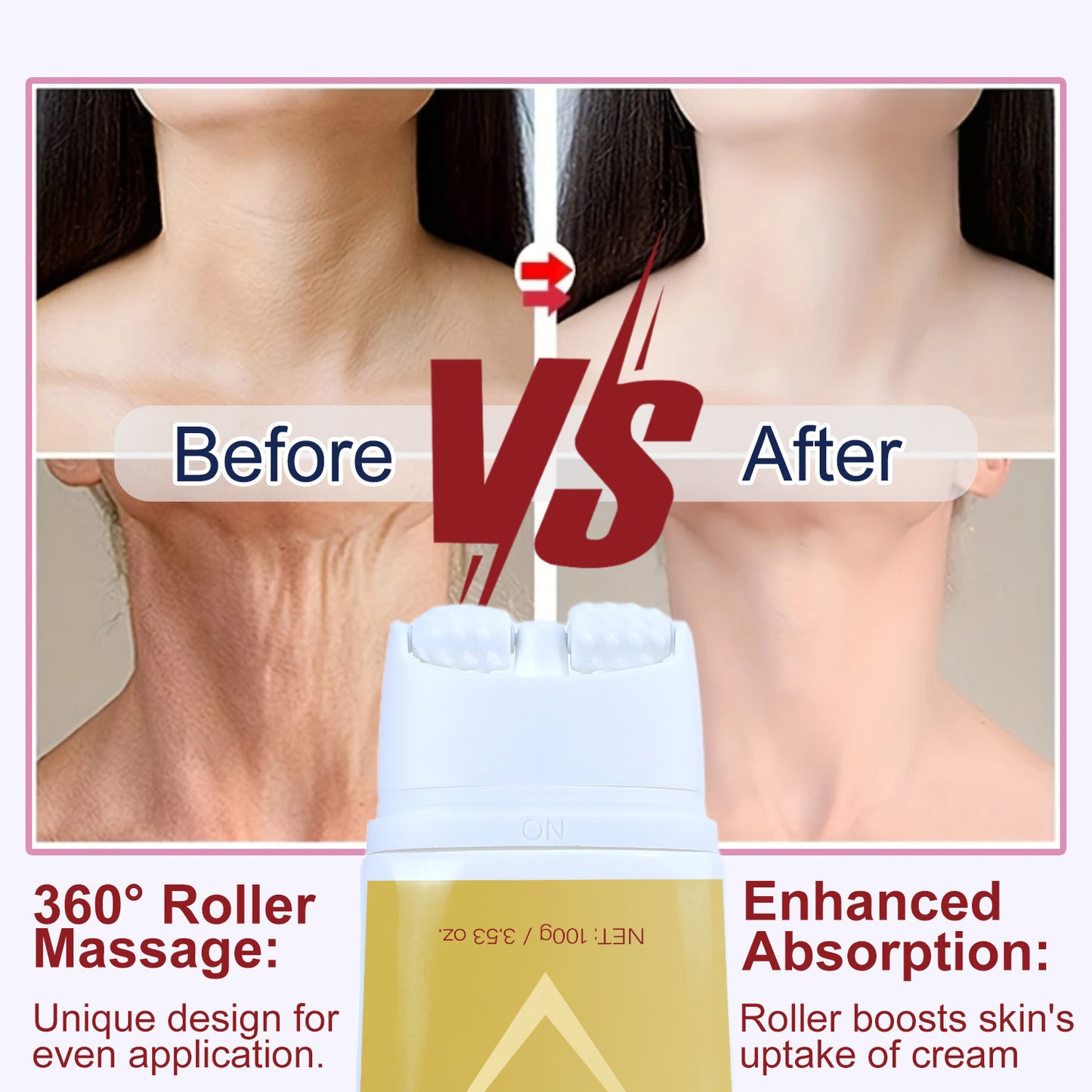Neck Firming Cream with Roller Massager - Lifts & Tightens Skin - 120g