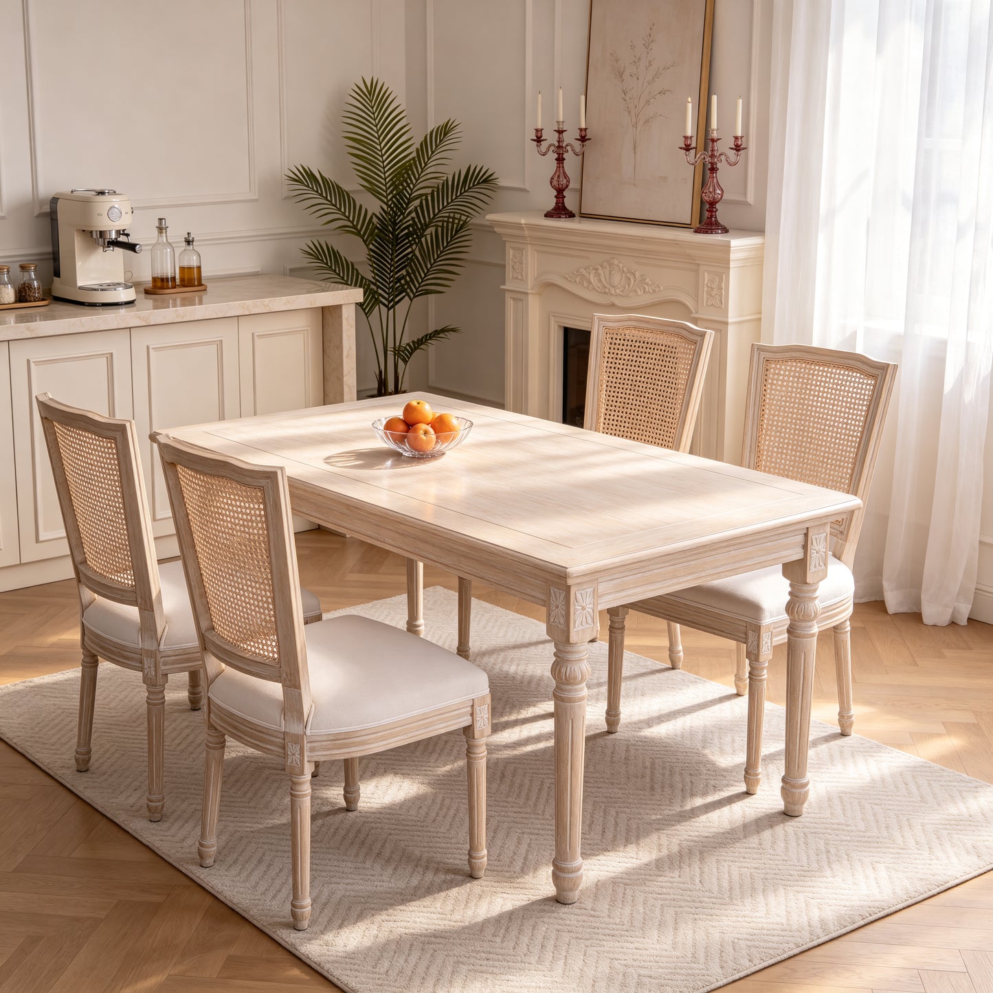 French Country Dining Chairs Set of 2 - Upholstered Rattan Back
