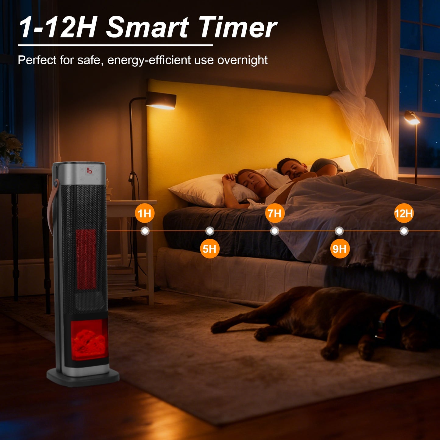 1500W Oscillating Space Heater with 3D Flame Effect, Remote, Timer, Black