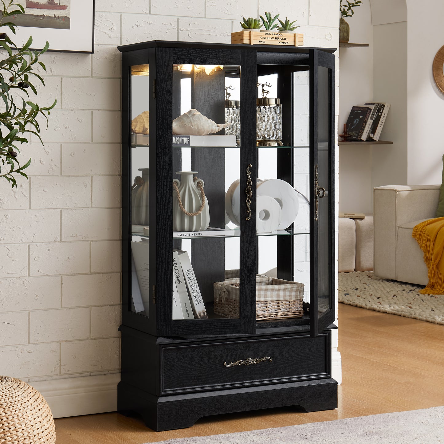Lighted Glass Curio Cabinet With Adjustable Shelves - Elegant 2-Door