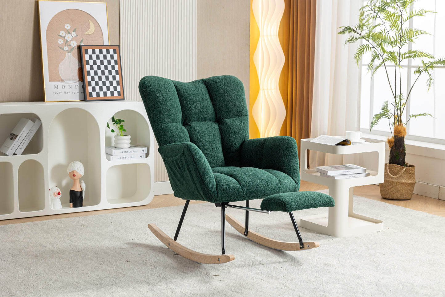 Teddy Fabric Rocking Chair with Adjustable Footstool - Green