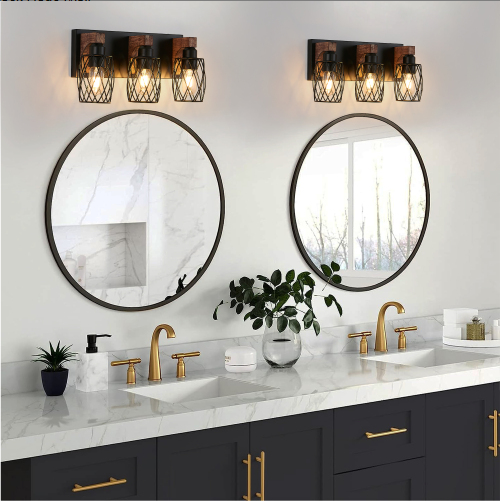 18-Inch Industrial Vintage Wall Sconce - Black Cage & Wooden Accents, 3-Light Fixture