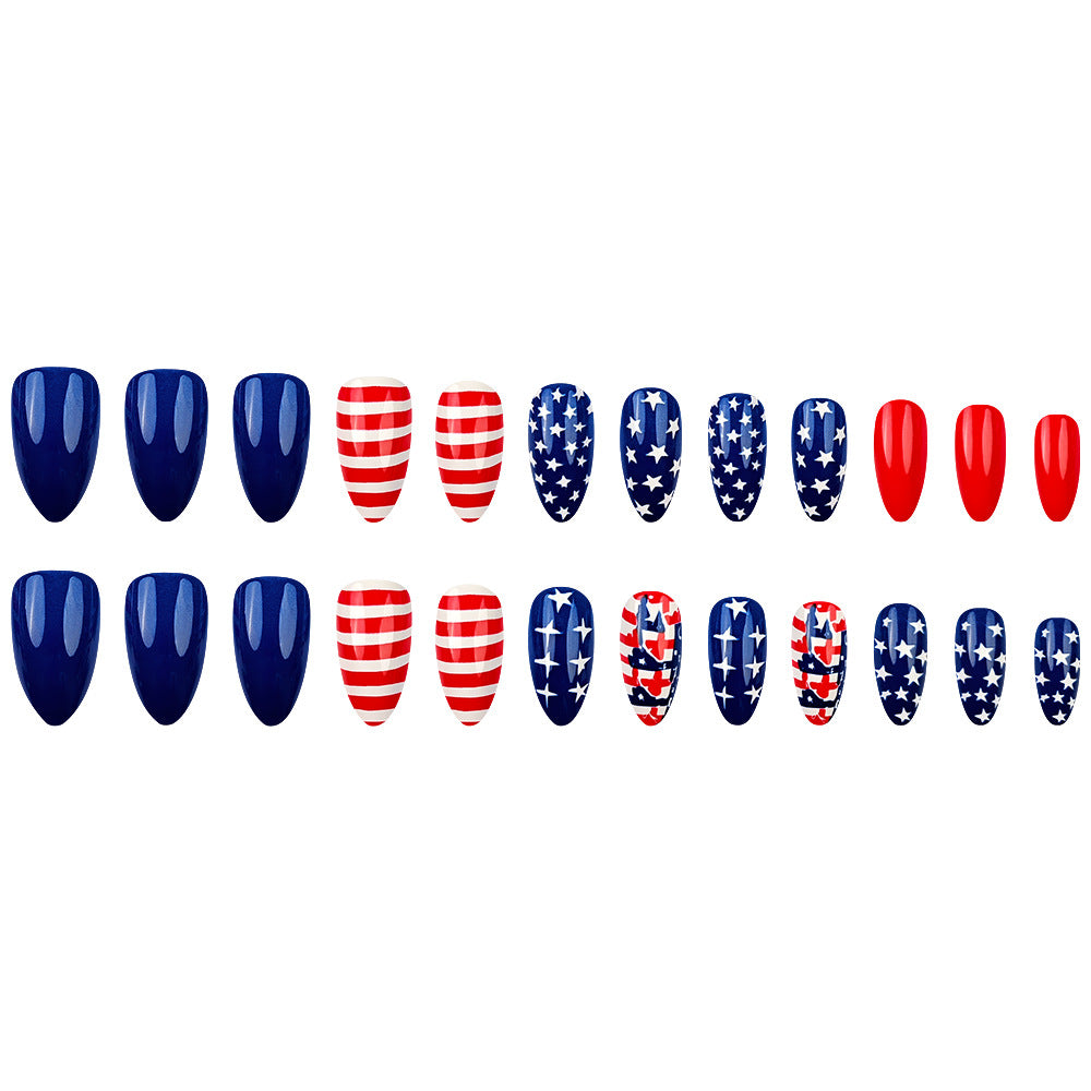 24-Piece Almond-Shaped Acrylic Nail Stickers with Jelly Glue for Manicure, Independence Day Star Pattern